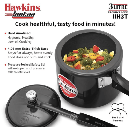 Hawkins 3 Litre Instaa Pressure Cooker, Induction Inner Lid Cooker, Tall Body Hard Anodised Cooker, Best Black Cooker, Black (Iih3T), 3 Liter - Image 3